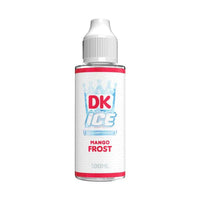 A Donut King DK Ice 100ml shortfill bottle featuring the Mango Frost flavour, showcasing its sleek design with vibrant branding and flavour details.