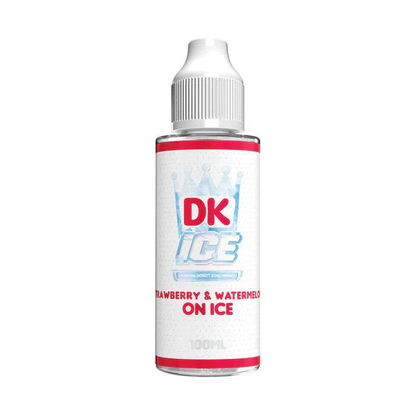 A Donut King DK Ice 100ml shortfill bottle featuring the Strawberry & Watermelon On Ice flavour, showcasing its sleek design with vibrant branding and flavour details.