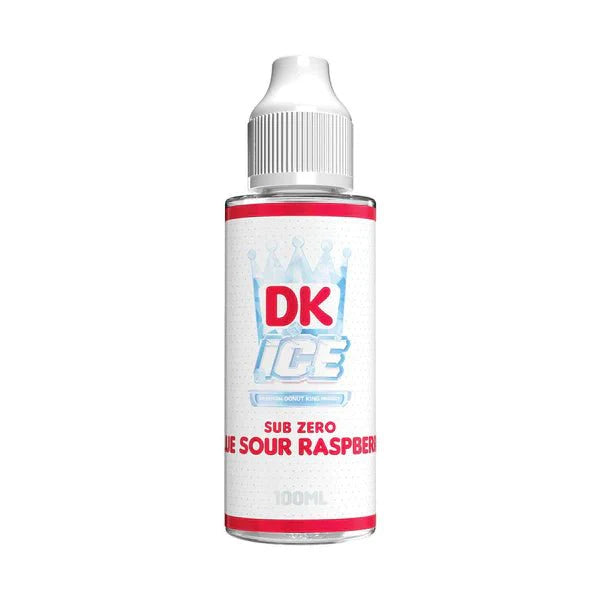 A Donut King DK Ice 100ml shortfill bottle featuring the Sub Zero Blue Sour Raspberry flavour, showcasing its sleek design with vibrant branding and flavour details.