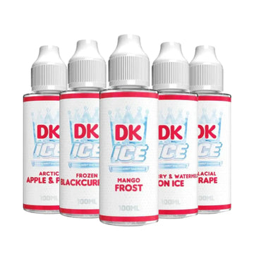 A collection of Donut King DK Ice 100ml shortfill bottles featuring various flavours, including Arctic Apple & Peach, Frozen Blackcurrant, Mango Frost, Strawberry & Watermelon Ice, and Glacial Grape