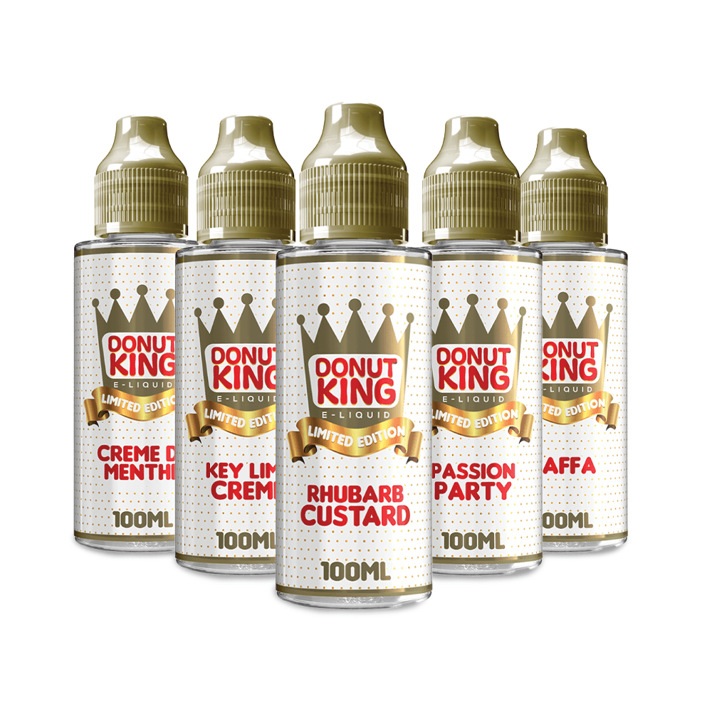 Donut King Limited Edition 100ml vape juice in creme de menthe, key lime creme, rhubarb custard, passion party, and jaffa flavours.