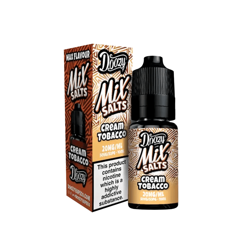 Doozy Mix Salts Cream Tobacco 10ml bottle and box, featuring bold branding and nicotine warning.