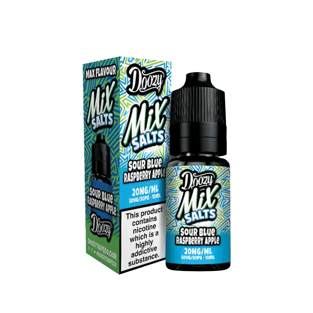 Doozy Mix Salts e-liquid, Sour Blue Raspberry Apple, 20mg, 10ml bottle and box.