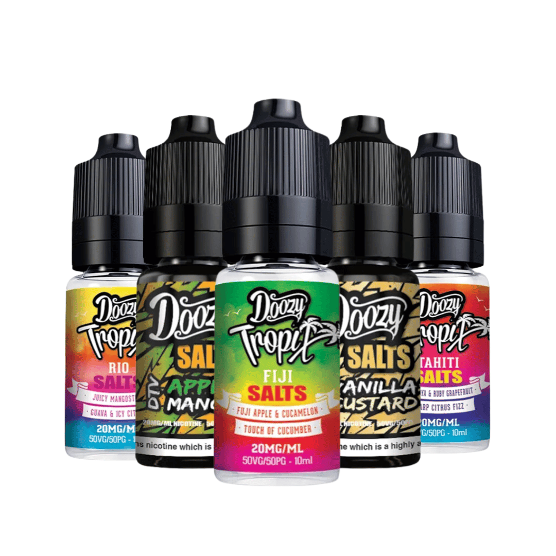 Five Doozy Tropix e-liquid bottles featuring various flavours like Rio and Fiji Salts.