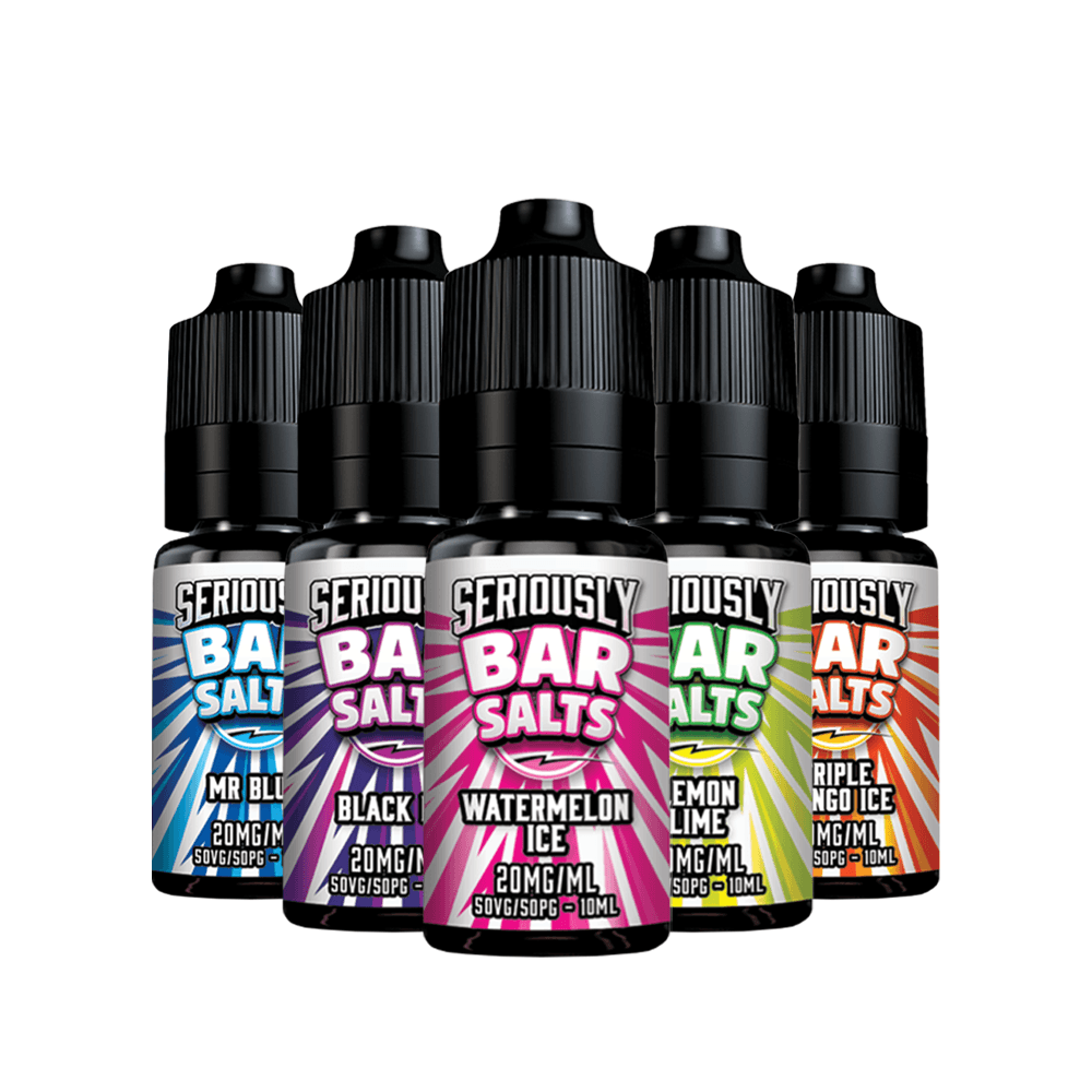 Five Doozy Seriously Bar Salts 10ml bottles, flavours include Watermelon Ice and Lemon Lime.