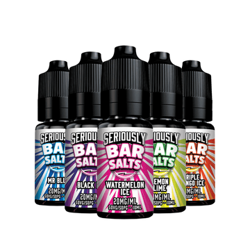 Five Doozy Seriously Bar Salts 10ml bottles, flavours include Watermelon Ice and Lemon Lime.