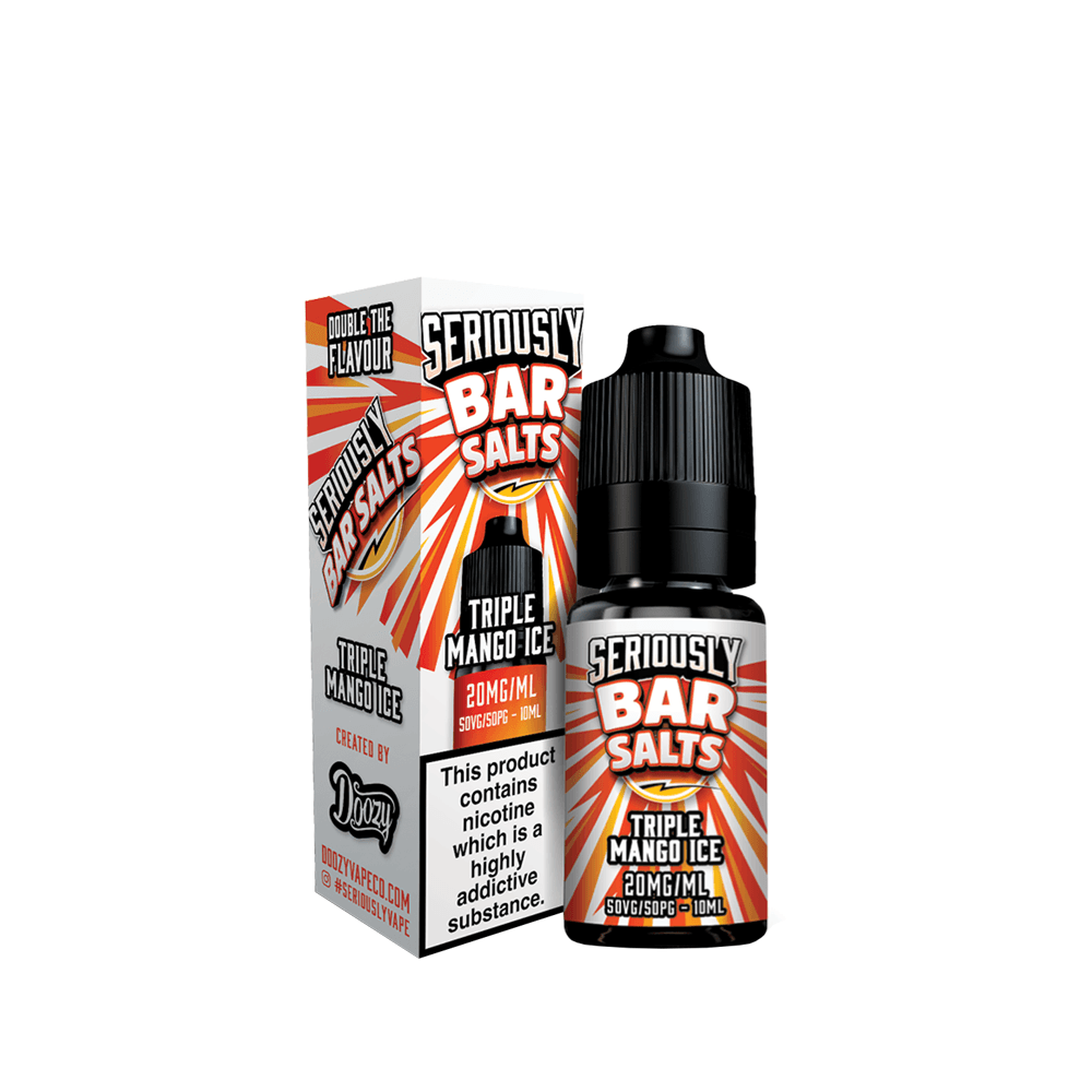 Doozy Seriously Bar Salts, Triple Mango Ice, 20mg nicotine e-liquid bottle and packaging.