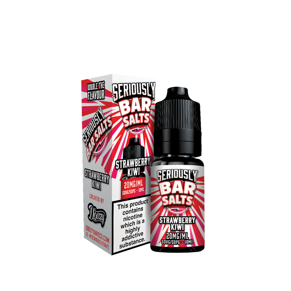 Vape juice bottle and box with "Seriously Bar Salts" branding, strawberry kiwi flavour.