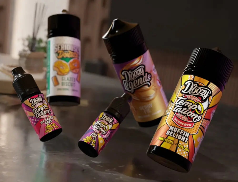 Doozy Vape Temptations and Legends collection featuring Ice Cream Cake, Muffin Delight and Glazed Biscuit e-liquids in 10ml nic salt and 100ml shortfill bottles