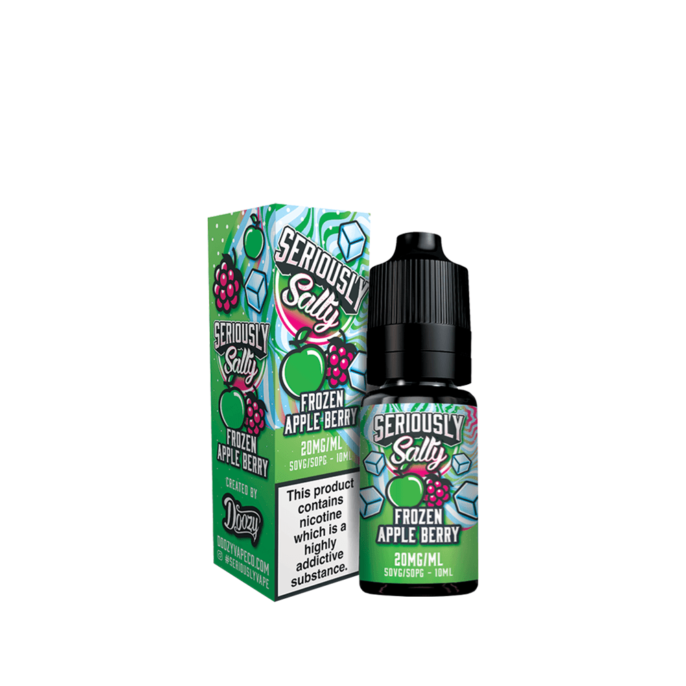 Doozy Seriously Salty Frozen Apple Berry vape juice, 10ml bottle, green and berry-themed packaging.