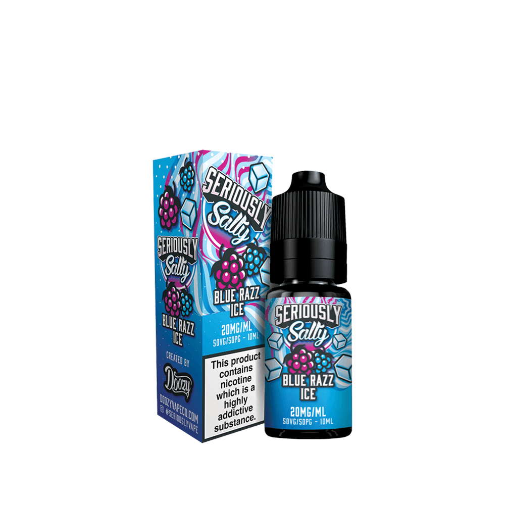 Vape juice bottle of Seriously Salty Blue Razz Ice 20mg with matching box packaging.