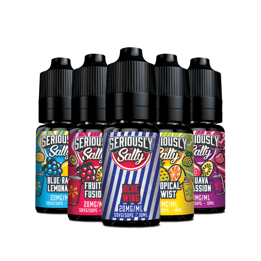 Bottles of Seriously Salty vape juice in assorted fruity flavours.