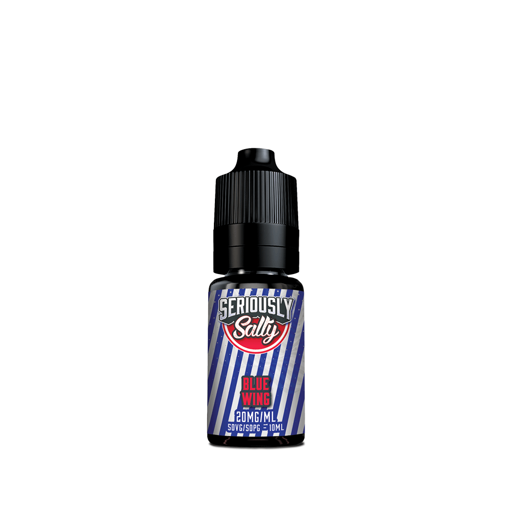 A bottle of Seriously Salty Blue Wing vape juice with blue striped label.