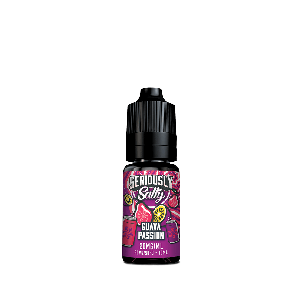 Vape juice bottle with "Seriously Salty Guava Passion" label, 20mg/ml, 10ml size.