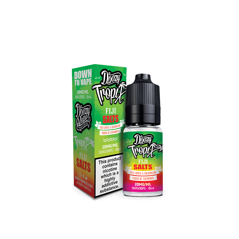 Doozy Tropix Fiji Salts e-liquid bottle and box, 20mg/ml, 10ml, tropical flavour.