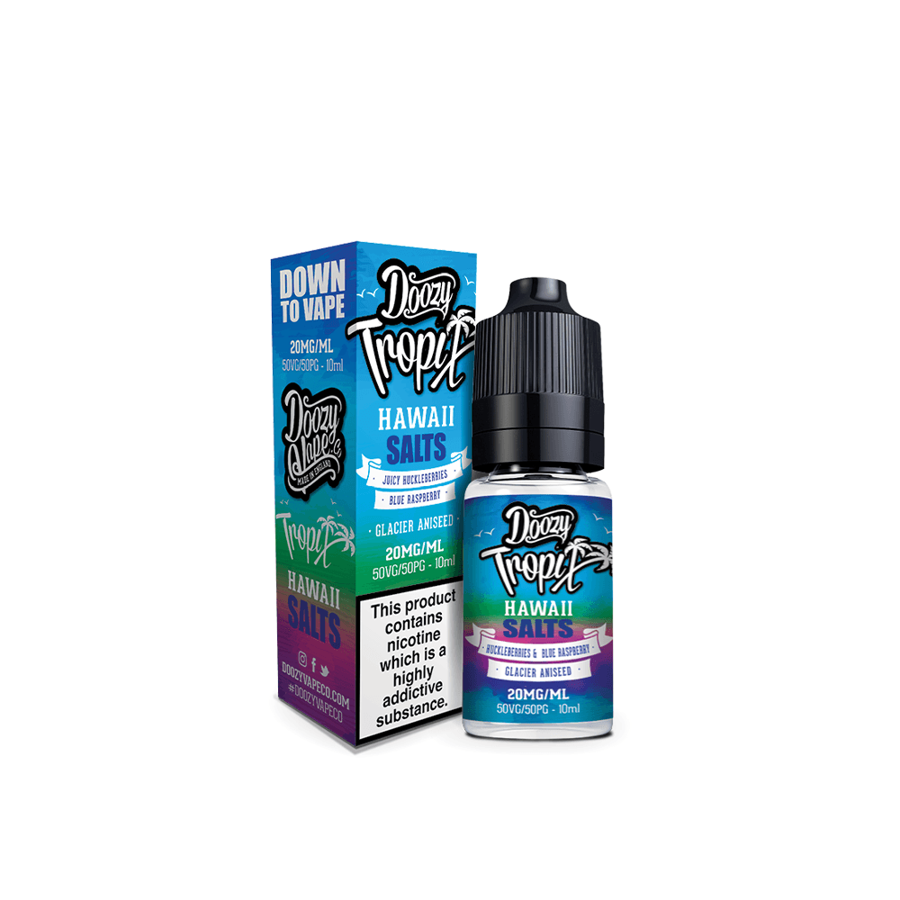 Doozy Tropix Hawaii Salts 10ml vape juice bottle and box with vibrant tropical design.