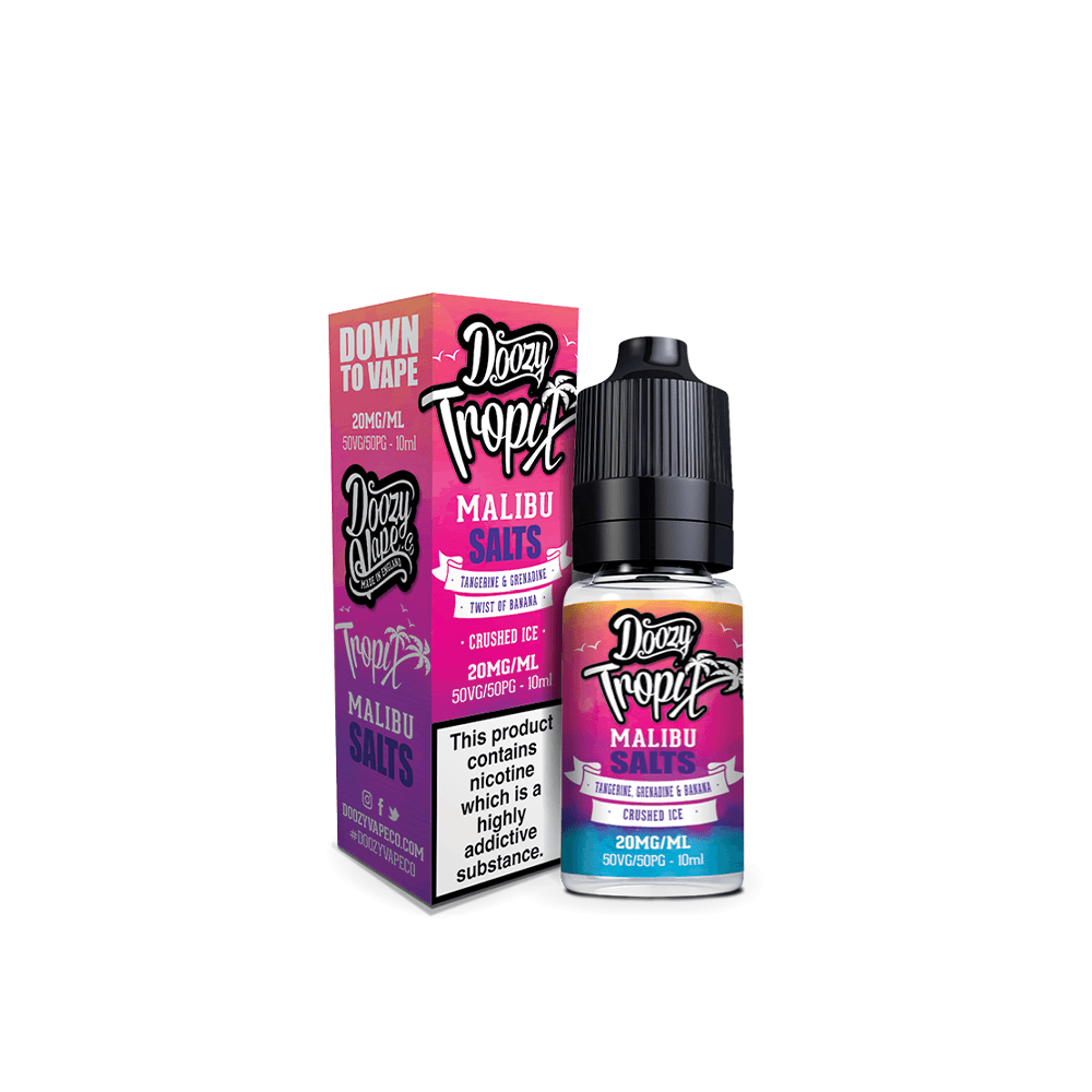 Doozy Tropix Malibu Salts 10ml bottle and packaging, 20mg nicotine strength.