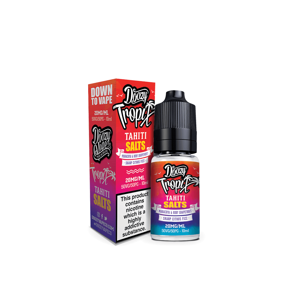 Doozy Tropix Tahiti Salts vape juice 10ml bottle and box with tropical design.