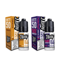 Two Doozy Vape Fifty 50 e-liquid bottles with boxes, flavours: Tobacco and Blackcurrant Aniseed.