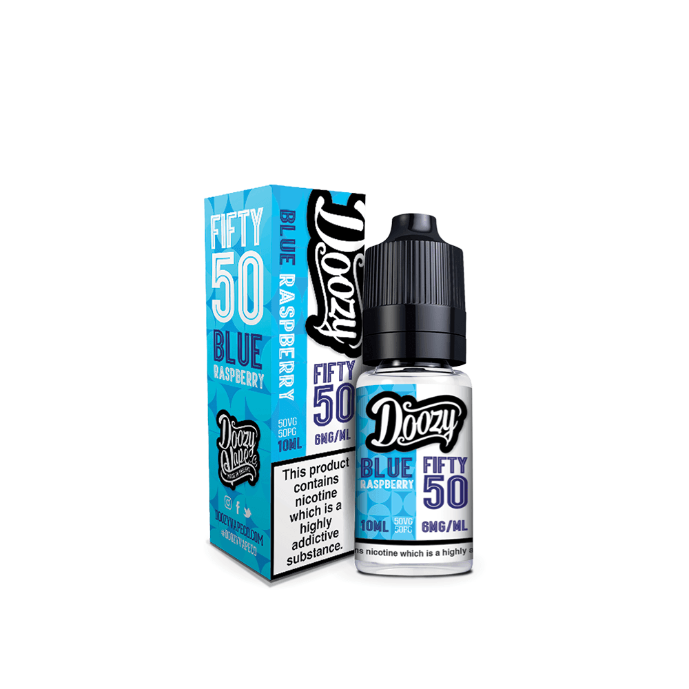 Doozy Vape Fifty 50 Blue Raspberry e-liquid bottle and box, 10ml, 6mg nicotine.