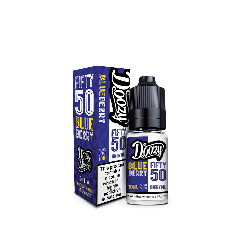 Doozy Vape Fifty 50 Blueberry 10ml e-liquid bottle and box, 6mg nicotine strength.