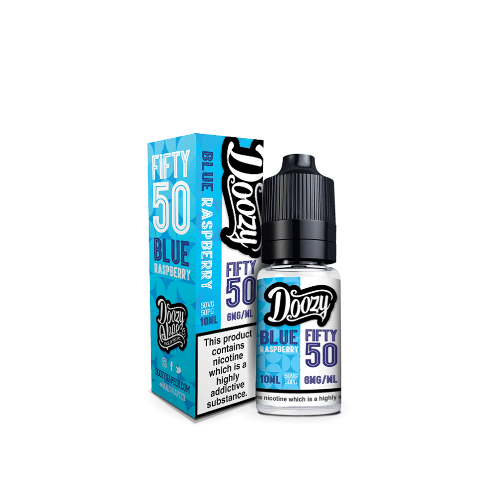 Doozy Fifty 50 Blue Raspberry vape juice, 10ml bottle, 6mg nicotine strength.