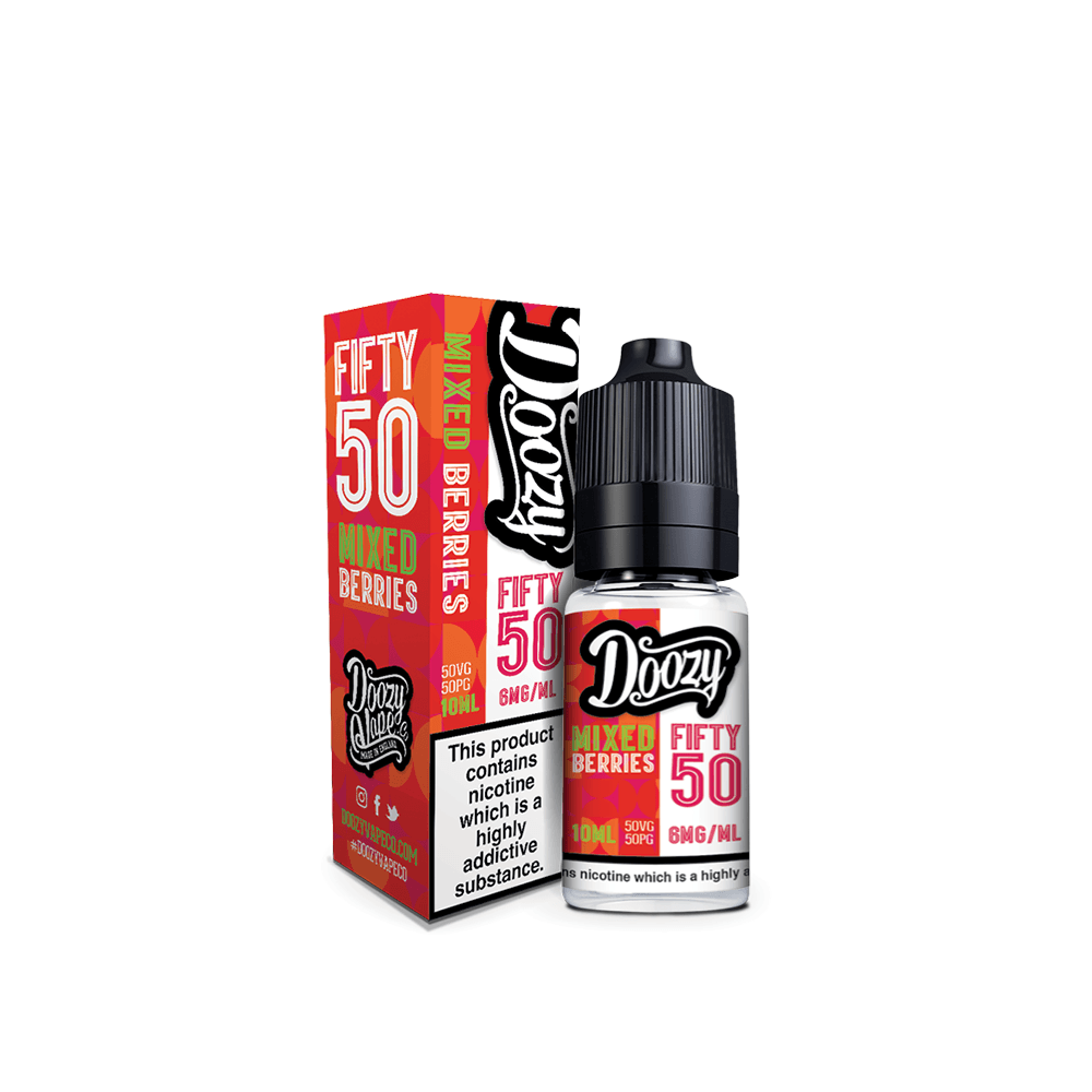 Doozy Vape Fifty 50 Mixed Berries e-liquid, 10ml bottle and box, 6mg nicotine strength.