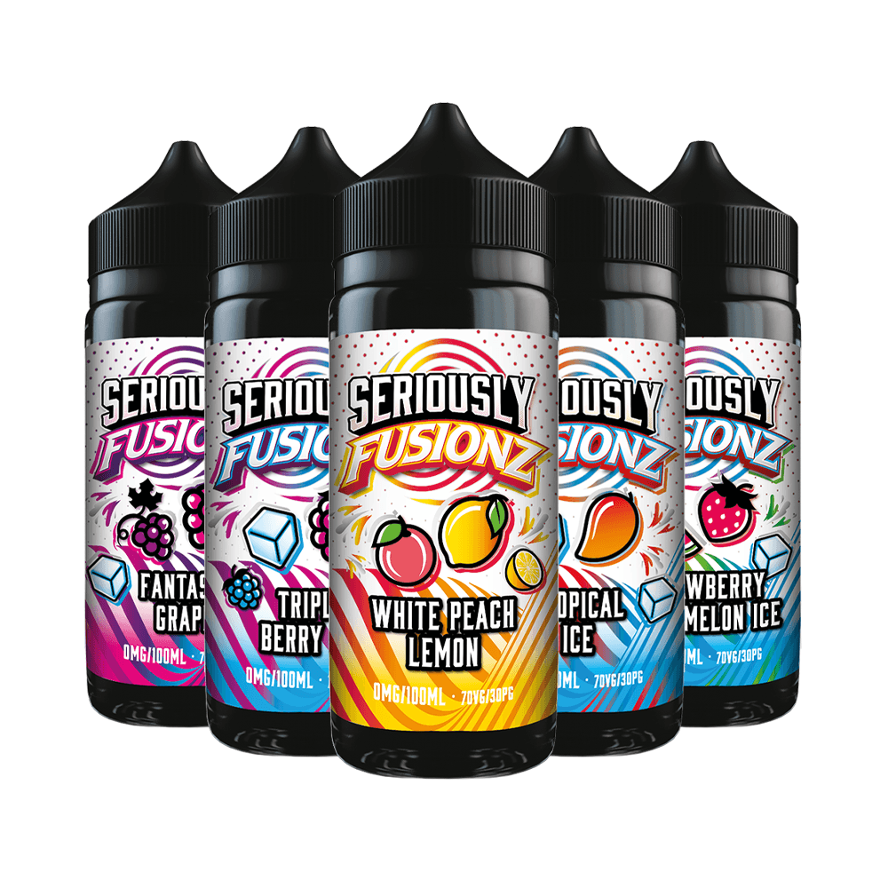 Doozy Vape Fusionz e-liquids: Fantasy Grape, Triple Berry, White Peach Lemon, Tropical, Melon Ice.