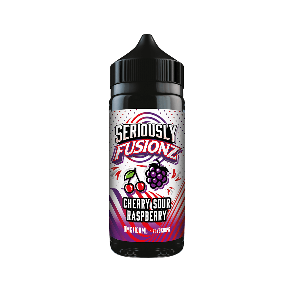 Doozy Vape Fusionz Cherry Sour Raspberry 100ml shortfill bottle with vibrant label design.