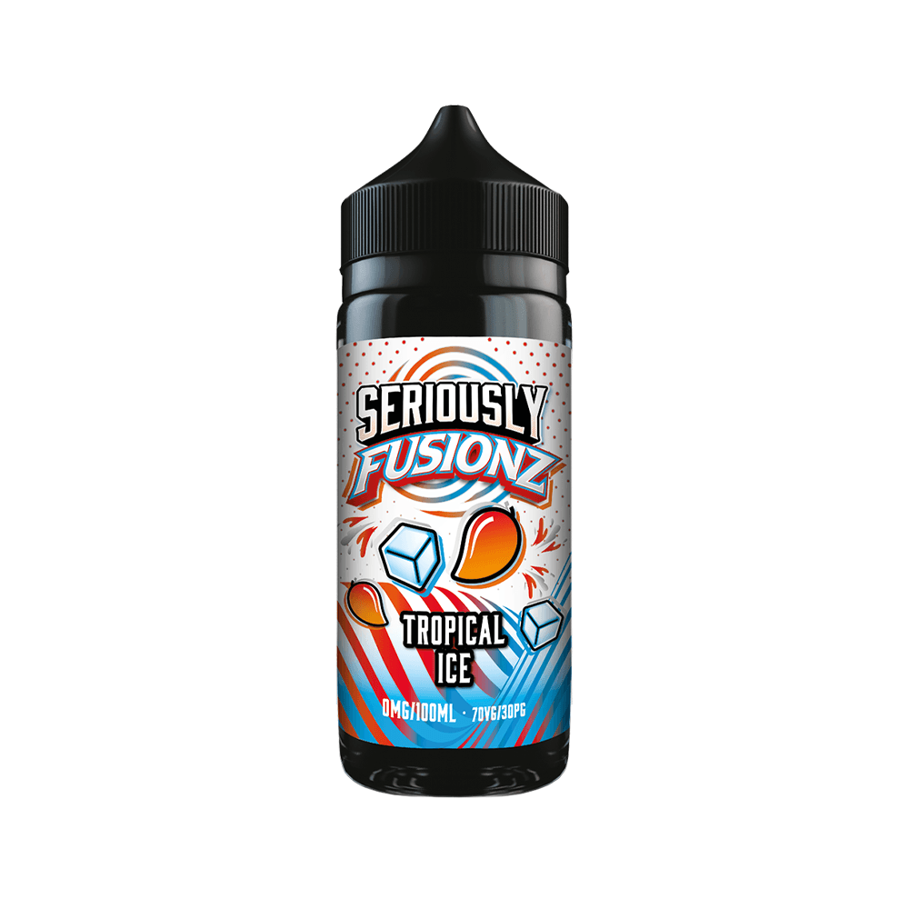 Doozy Vape Co. Seriously Fusionz Tropical Ice 100ml bottle with vibrant fruit and ice graphics.