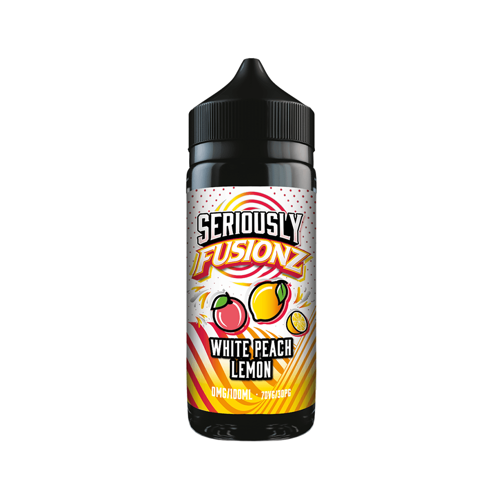 Bottle of Seriously Fusionz White Peach Lemon vape juice, 100ml shortfill.