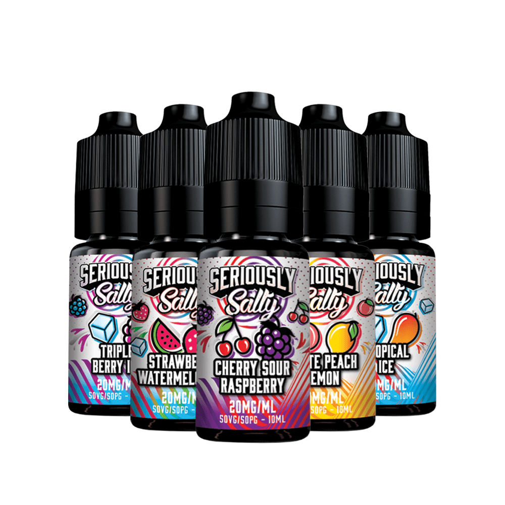 Five Seriously Salty e-liquid bottles, flavours include Cherry Sour Raspberry and Triple Mango Ice.