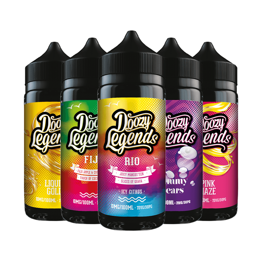 Five colourful Doozy Legends vape juice bottles with vibrant labels.