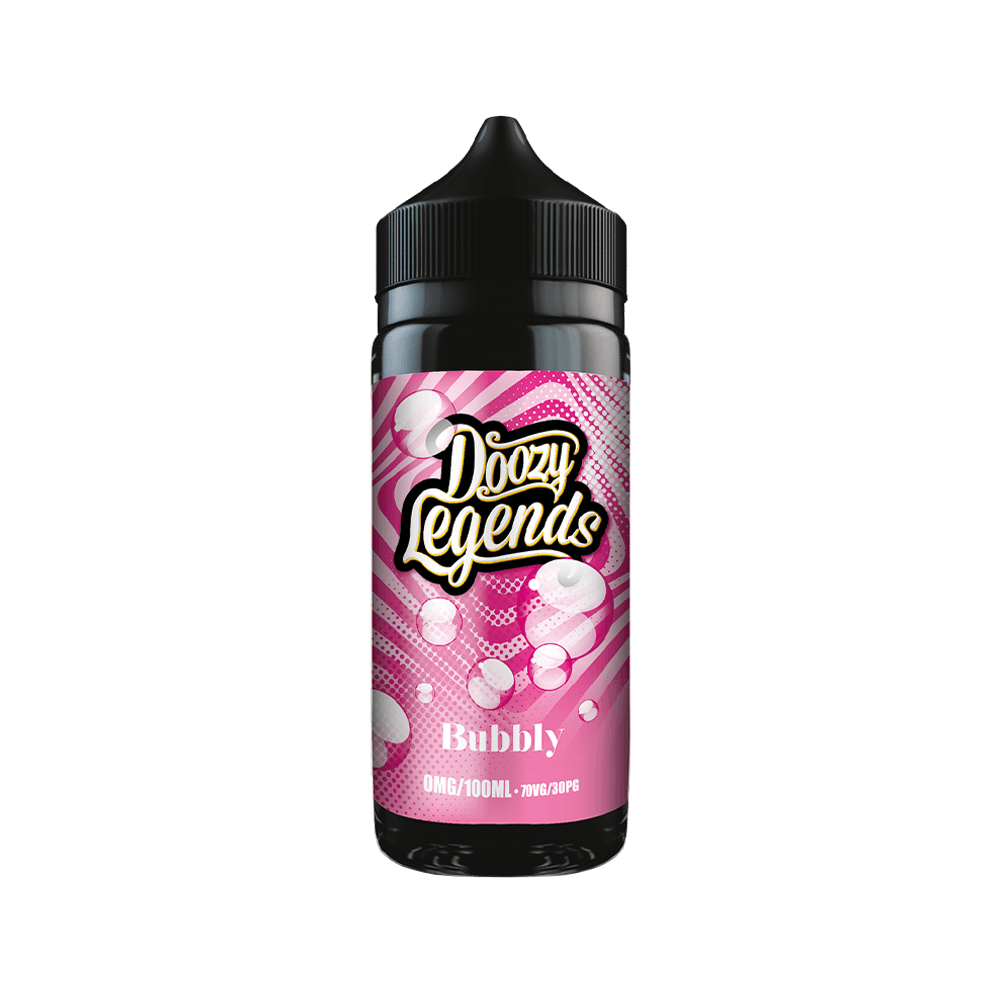 Doozy Legends Bubbly e-liquid bottle, 100ml shortfill with pink bubbly design.