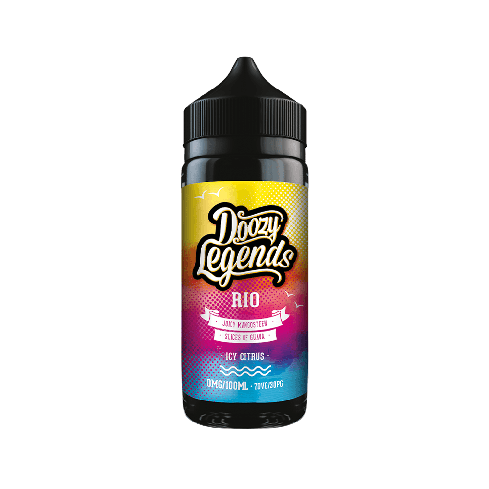 Doozy Legends Rio vape juice bottle, featuring vibrant colours and fruity flavour descriptions.