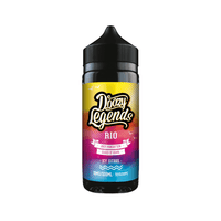 Doozy Legends Rio vape juice bottle, featuring vibrant colours and fruity flavour descriptions.