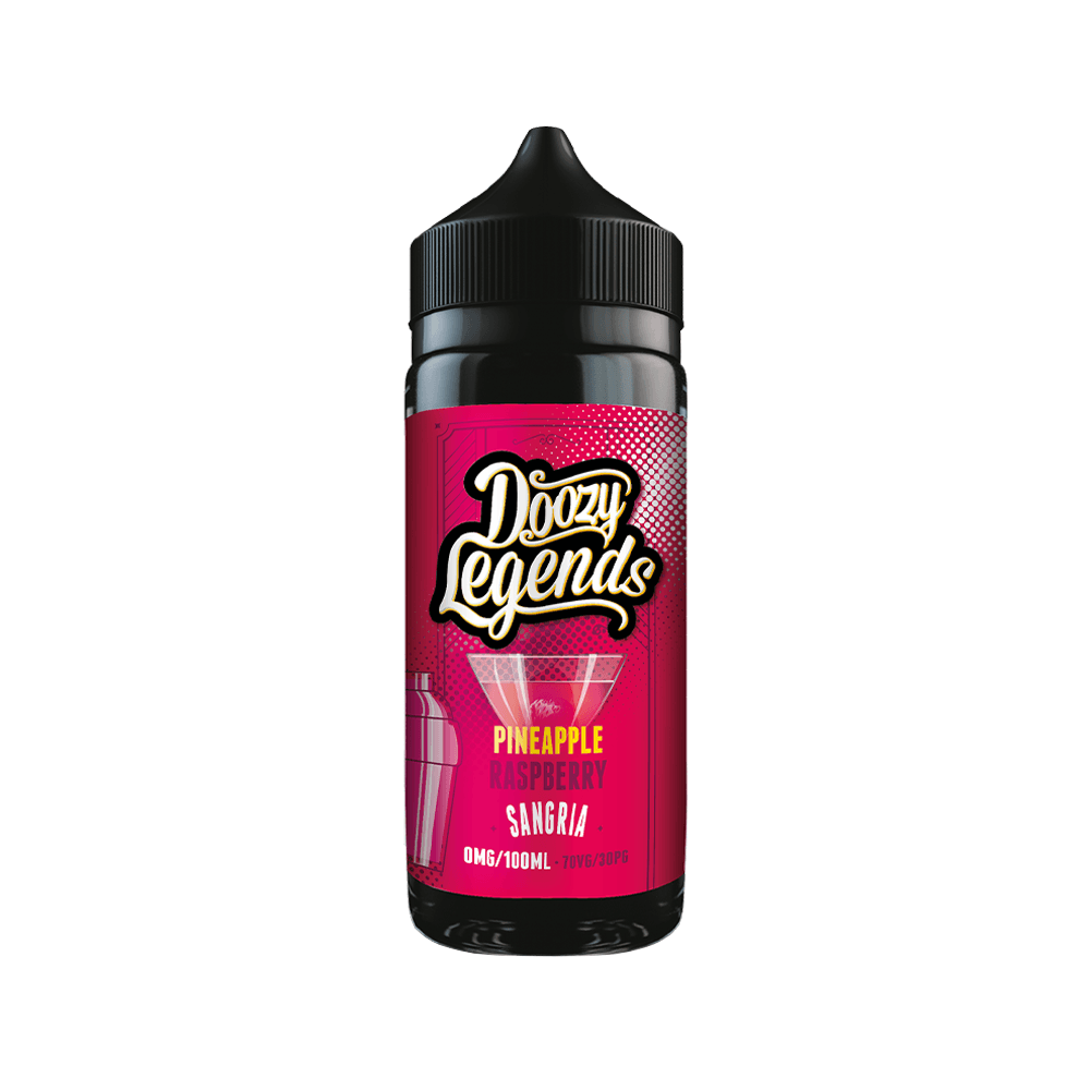 Doozy Legends Pineapple Raspberry Sangria vape juice bottle with vibrant pink label.