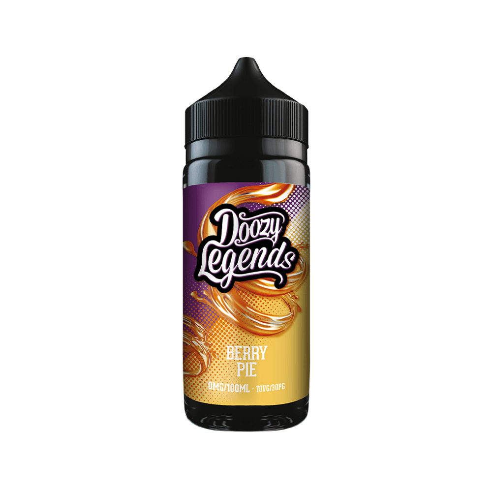 Doozy Legends Berry Pie vape juice bottle with vibrant purple and gold label, 100ml size.