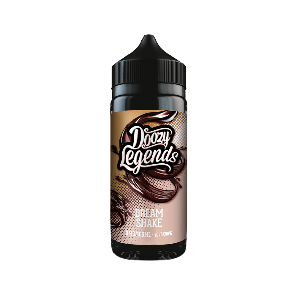 Doozy Legends Dream Shake e-liquid bottle, 100ml shortfill, chocolate and cream design.