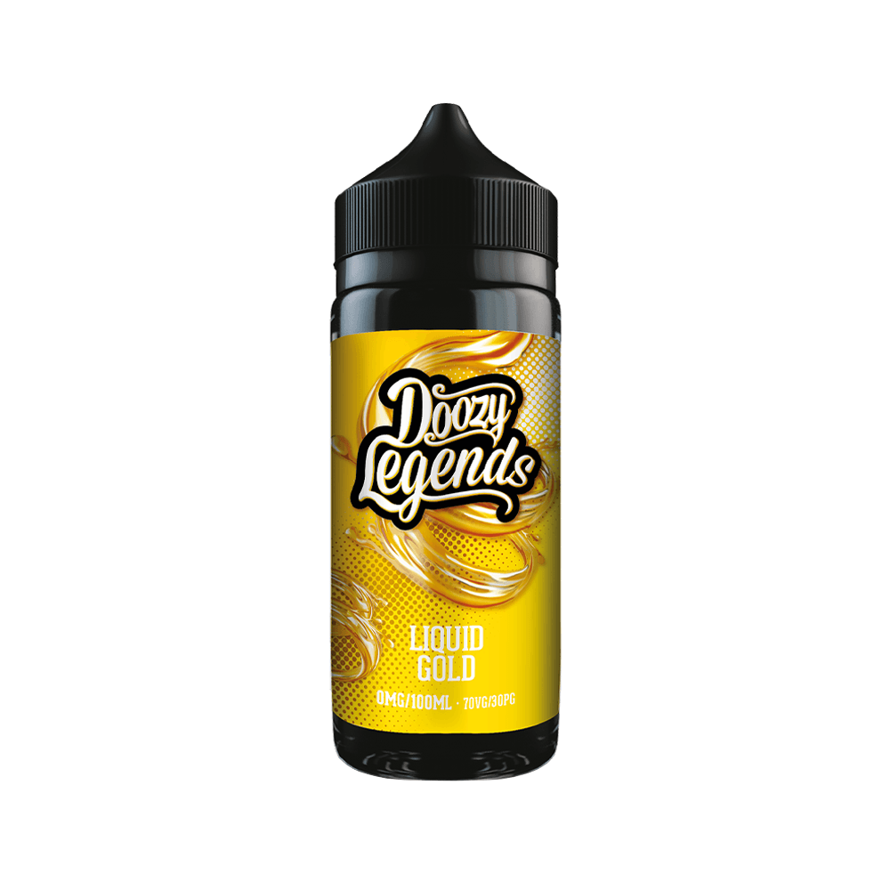 Doozy Legends Liquid Gold vape juice bottle, 100ml, yellow label.