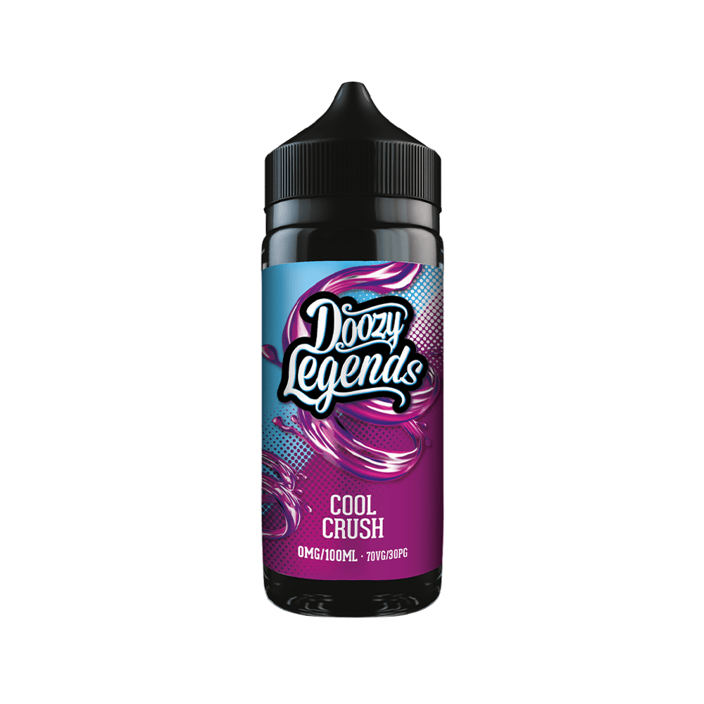 Doozy Legends Cool Crush 100ml shortfill e-liquid bottle with vibrant blue and pink label.