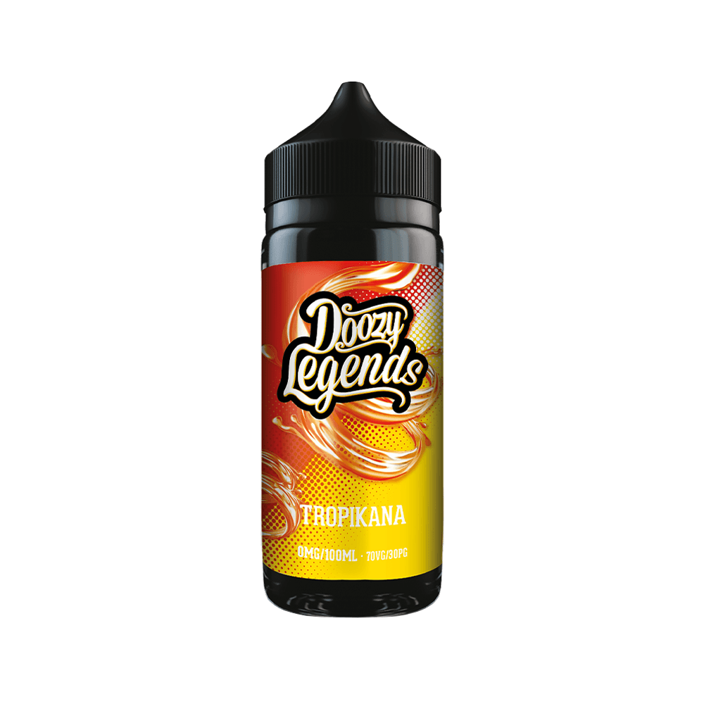 Doozy Legends Tropikana vape juice bottle with vibrant orange and yellow label.