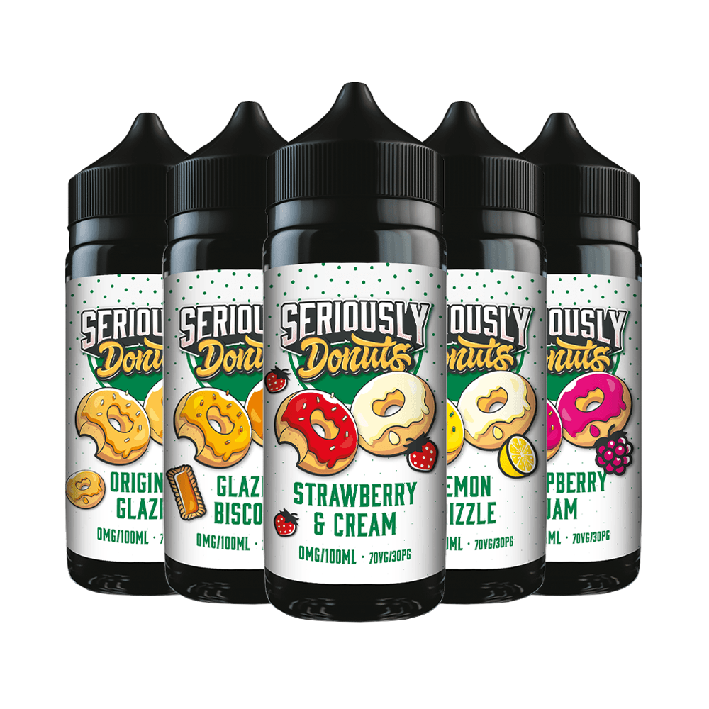 Five bottles of Seriously Donuts e-liquid by Doozy Vape, featuring various donut flavours.