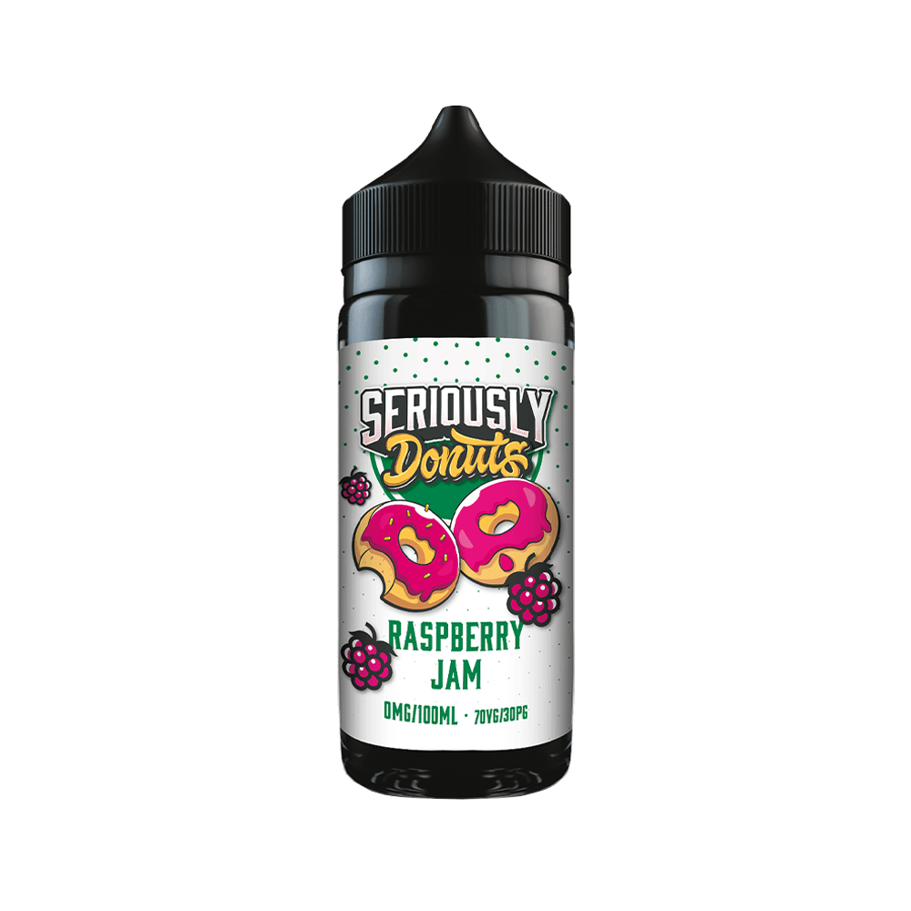 Vape juice bottle labeled "Seriously Donuts Raspberry Jam" with donut graphics.