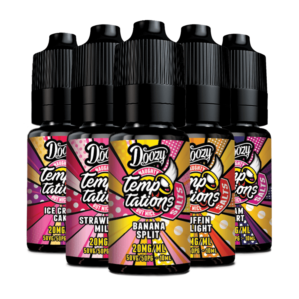 Doozy Vape Temptations 10ml salt bottles in various flavours, colourful labels.