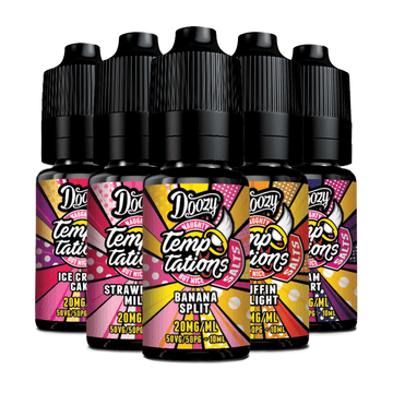 Doozy Vape Temptations 10ml salt bottles in various flavours, colourful labels.