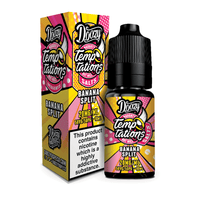 Doozy Vape Temptations Banana Split 10ml Salts bottle and box with vibrant design.