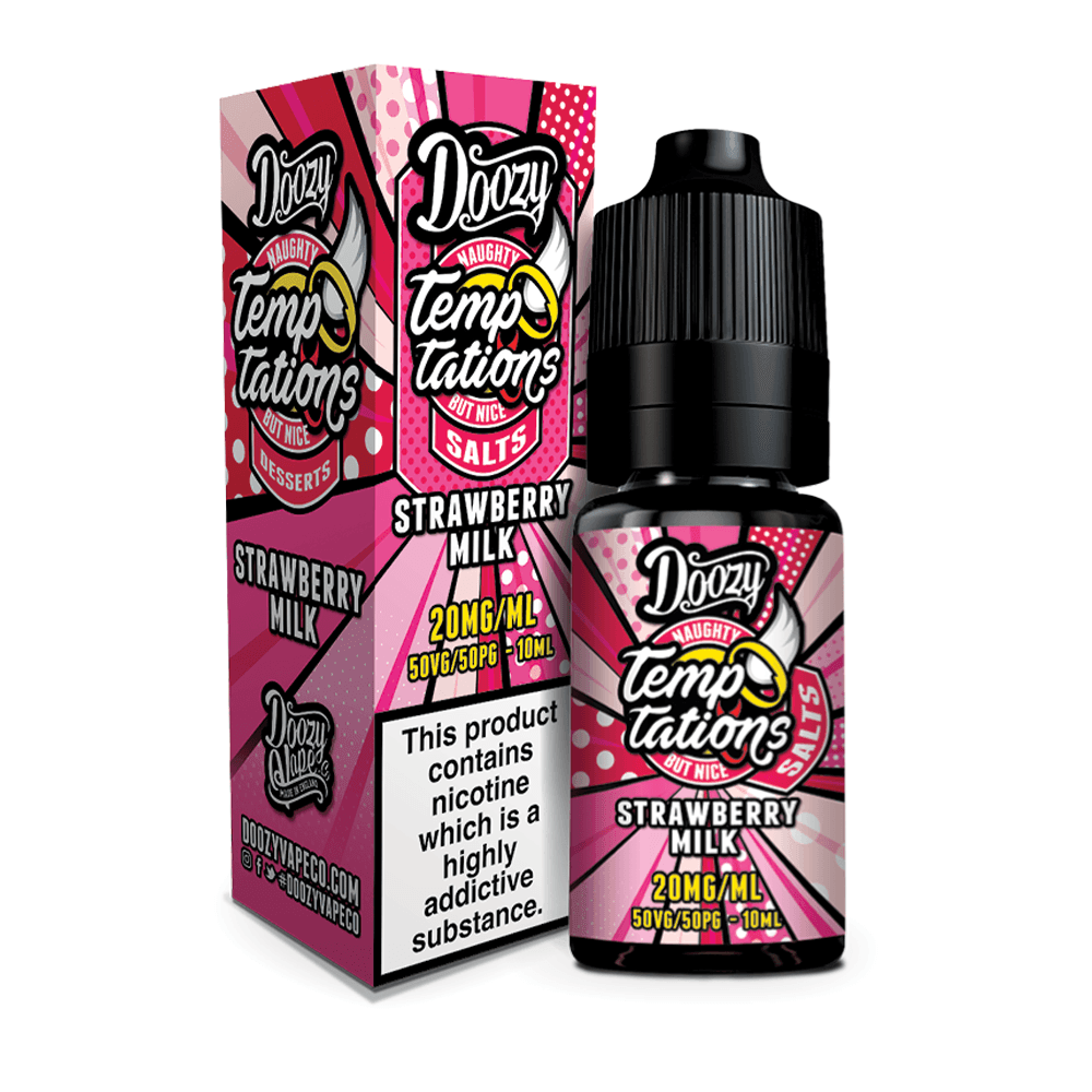 Doozy Temptations Strawberry Milk vape juice, 10ml, 20mg/ml, pink packaging.