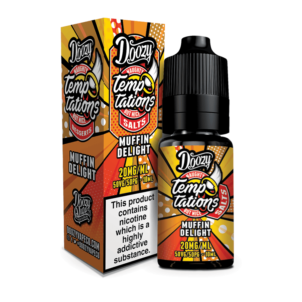 Doozy Vape Temptations Muffin Delight e-liquid bottle and packaging, 20mg nicotine salt.