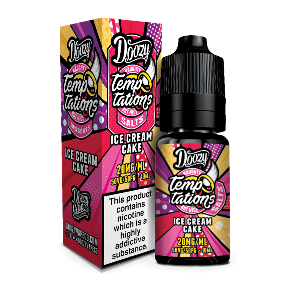 Doozy Vape Temptations Ice Cream Cake 20mg/ml 10ml bottle and box, colourful design.